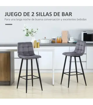 Juego de 2 Taburetes Altos de Cocina Taburetes de Bar Tapizados en Terciopelo con Reposapiés y Respaldo Gris