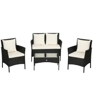 Conjunto de Jardín de Ratán Sintético con 2 Sillones 1 Sofá de 2 Plazas 1 Mesa de Centro y Cojines Negro y Crema