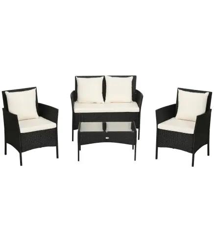 Conjunto de Jardín de Ratán Sintético con 2 Sillones 1 Sofá de 2 Plazas 1 Mesa de Centro y Cojines Negro y Crema