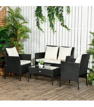 Conjunto de Jardín de Ratán Sintético con 2 Sillones 1 Sofá de 2 Plazas 1 Mesa de Centro y Cojines Negro y Crema