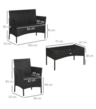 Conjunto de Jardín de Ratán Sintético con 2 Sillones 1 Sofá de 2 Plazas 1 Mesa de Centro y Cojines Negro y Crema