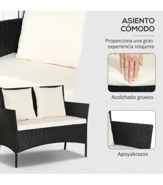 Conjunto de Jardín de Ratán Sintético con 2 Sillones 1 Sofá de 2 Plazas 1 Mesa de Centro y Cojines Negro y Crema