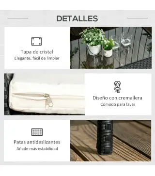 Conjunto de Jardín de Ratán Sintético con 2 Sillones 1 Sofá de 2 Plazas 1 Mesa de Centro y Cojines Negro y Crema
