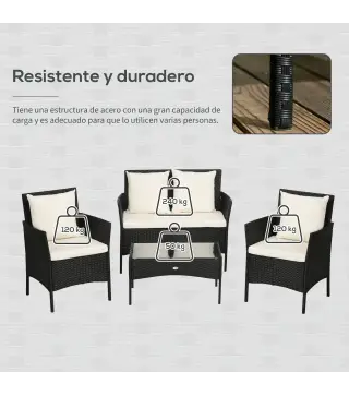 Conjunto de Jardín de Ratán Sintético con 2 Sillones 1 Sofá de 2 Plazas 1 Mesa de Centro y Cojines Negro y Crema