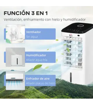 Climatizador Evaporativo 3,5L 3 en 1 Humidificador Ventilador 65W Pantalla LED 24,5x27x60 cm Blanco