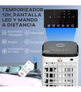 Climatizador Evaporativo 3,5L 3 en 1 Humidificador Ventilador 65W Pantalla LED 24,5x27x60 cm Blanco
