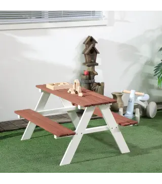 Juego de Mesa y 2 Bancos Infantiles de Madera Mesa de Picnic para Niños de 3-8 Años para Jardín Patio 89x79x50 cm Marrón