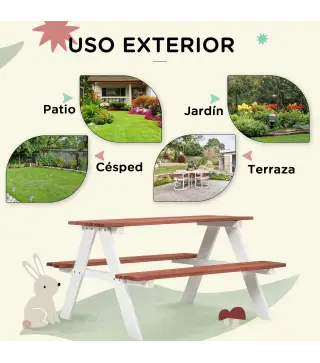 Juego de Mesa y 2 Bancos Infantiles de Madera Mesa de Picnic para Niños de 3-8 Años para Jardín Patio 89x79x50 cm Marrón