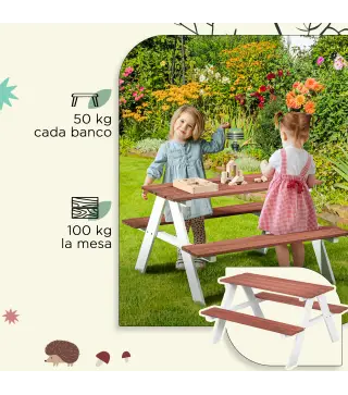 Juego de Mesa y 2 Bancos Infantiles de Madera Mesa de Picnic para Niños de 3-8 Años para Jardín Patio 89x79x50 cm Marrón