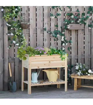 Huerto Urbano Elevado con Estante de Madera con Tela no Tejida para Cultivos Plantas Flores Jardín 90x40x81 cm Natural