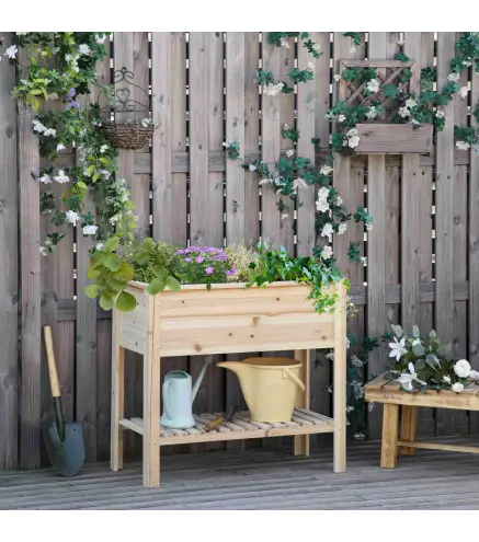 Huerto Urbano Elevado con Estante de Madera con Tela no Tejida para Cultivos Plantas Flores Jardín 90x40x81 cm Natural