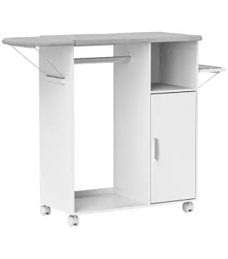 Mueble de Planchar con Ruedas Barra para Colgar Ropa Estante Abierto y Tablero Plegable 127x42,5x99 cm Blanco