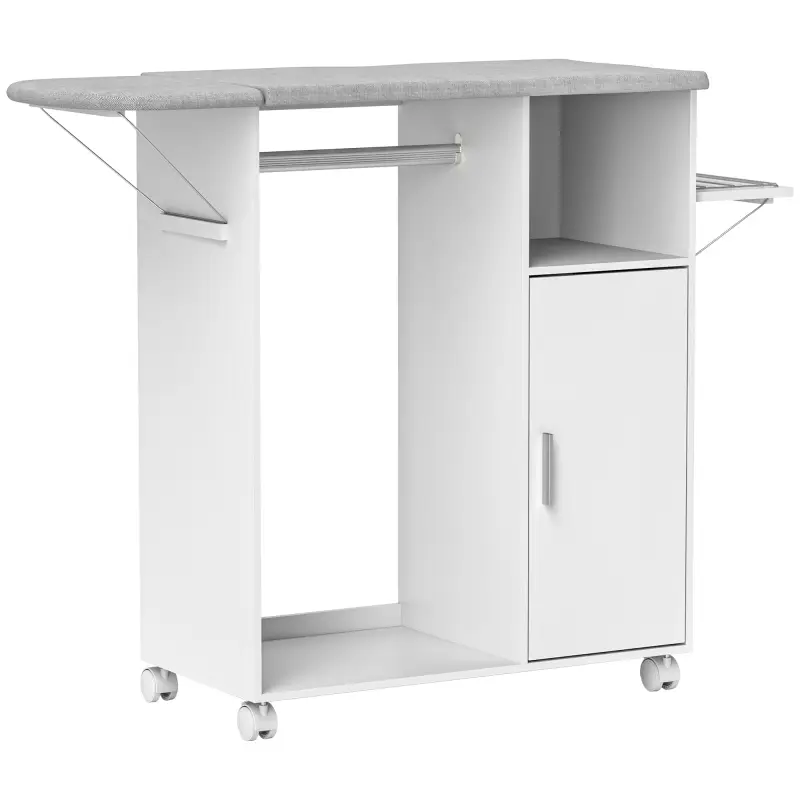 Mueble de Planchar con Ruedas Barra para Colgar Ropa Estante Abierto y Tablero Plegable 127x42,5x99 cm Blanco Mueble de Planchar con Ruedas Barra para Colgar Ropa Estante Abierto y Tablero Plegable 127x42,5x99 cm Blanco