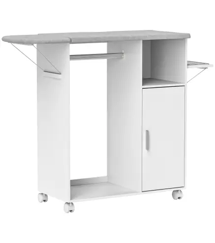 Mueble de Planchar con Ruedas Barra para Colgar Ropa Estante Abierto y Tablero Plegable 127x42,5x99 cm Blanco