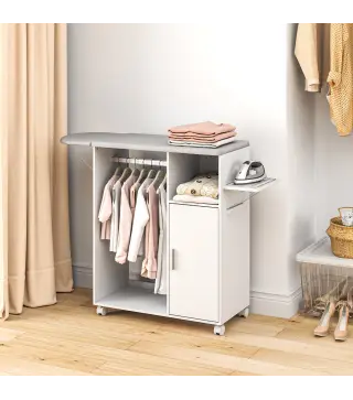 Mueble de Planchar con Ruedas Barra para Colgar Ropa Estante Abierto y Tablero Plegable 127x42,5x99 cm Blanco