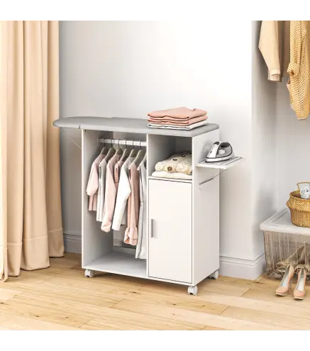 Mueble de Planchar con Ruedas Barra para Colgar Ropa Estante Abierto y Tablero Plegable 127x42,5x99 cm Blanco