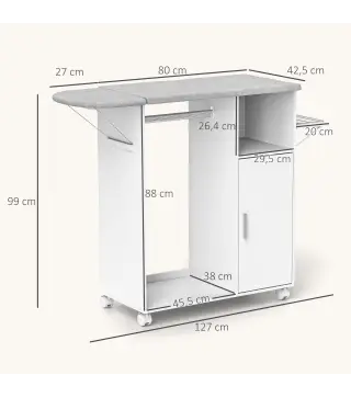Mueble de Planchar con Ruedas Barra para Colgar Ropa Estante Abierto y Tablero Plegable 127x42,5x99 cm Blanco