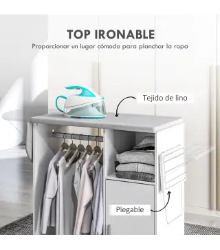Mueble de Planchar con Ruedas Barra para Colgar Ropa Estante Abierto y Tablero Plegable 127x42,5x99 cm Blanco