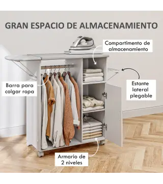 Mueble de Planchar con Ruedas Barra para Colgar Ropa Estante Abierto y Tablero Plegable 127x42,5x99 cm Blanco