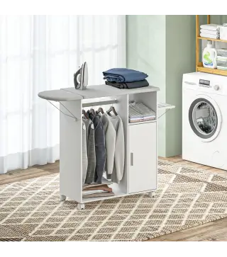 Mueble de Planchar con Ruedas Barra para Colgar Ropa Estante Abierto y Tablero Plegable 127x42,5x99 cm Blanco