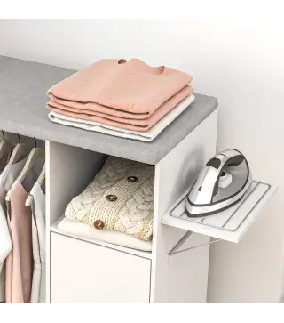 Mueble de Planchar con Ruedas Barra para Colgar Ropa Estante Abierto y Tablero Plegable 127x42,5x99 cm Blanco