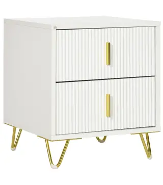 Mesilla de Noche con 2 Cajones Mesita de Noche Mesita Auxiliar con Patas de Metal para Dormitorio 40x40x47 cm Blanco