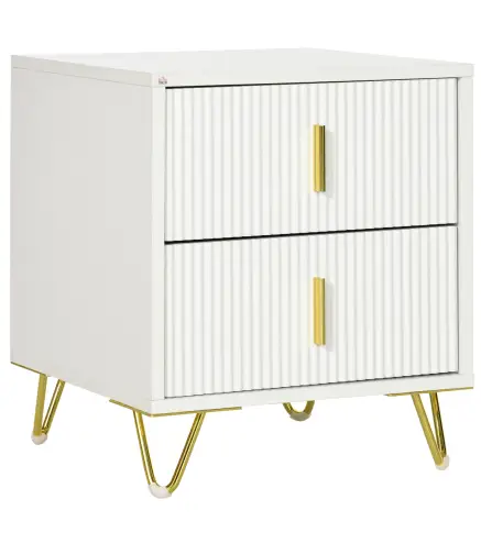 Mesilla de Noche con 2 Cajones Mesita de Noche Mesita Auxiliar con Patas de Metal para Dormitorio 40x40x47 cm Blanco