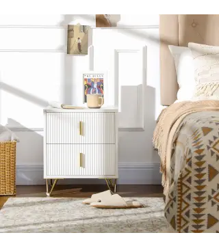 Mesilla de Noche con 2 Cajones Mesita de Noche Mesita Auxiliar con Patas de Metal para Dormitorio 40x40x47 cm Blanco