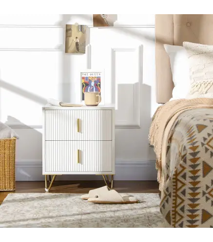 Mesilla de Noche con 2 Cajones Mesita de Noche Mesita Auxiliar con Patas de Metal para Dormitorio 40x40x47 cm Blanco