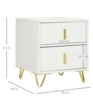 Mesilla de Noche con 2 Cajones Mesita de Noche Mesita Auxiliar con Patas de Metal para Dormitorio 40x40x47 cm Blanco