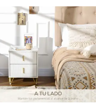 Mesilla de Noche con 2 Cajones Mesita de Noche Mesita Auxiliar con Patas de Metal para Dormitorio 40x40x47 cm Blanco