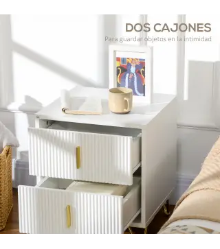 Mesilla de Noche con 2 Cajones Mesita de Noche Mesita Auxiliar con Patas de Metal para Dormitorio 40x40x47 cm Blanco