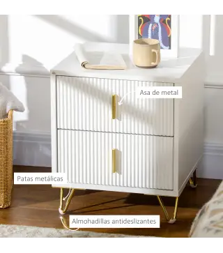 Mesilla de Noche con 2 Cajones Mesita de Noche Mesita Auxiliar con Patas de Metal para Dormitorio 40x40x47 cm Blanco