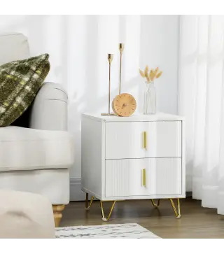 Mesilla de Noche con 2 Cajones Mesita de Noche Mesita Auxiliar con Patas de Metal para Dormitorio 40x40x47 cm Blanco