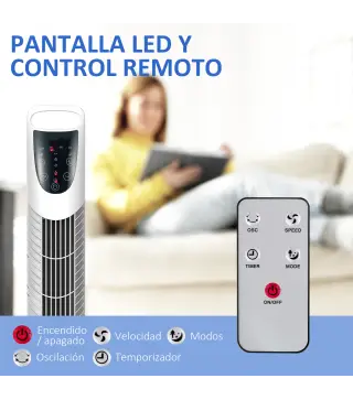 Ventilador de Torre Ventilador Vertical 40W con Mando a Distancia 3 Velocidades Temporizador 7,5h Ø18x78,5 cm Blanco