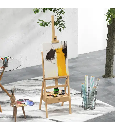Caballete de Pintura Sostiene Lienzos hasta 92 cm Caballete de Madera Ajustable con Cajón 43,5x43x150-190 cm Natural