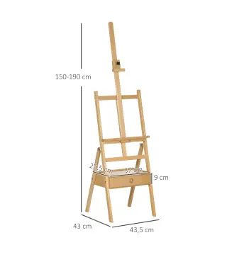 Caballete de Pintura Sostiene Lienzos hasta 92 cm Caballete de Madera Ajustable con Cajón 43,5x43x150-190 cm Natural