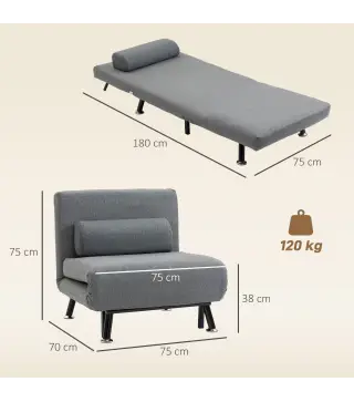 Sofá Cama Individual Plegable con Respaldo Ajustable de 5 Niveles Cojín y Tapizado de Lino Sintético 75x70x75 cm Gris