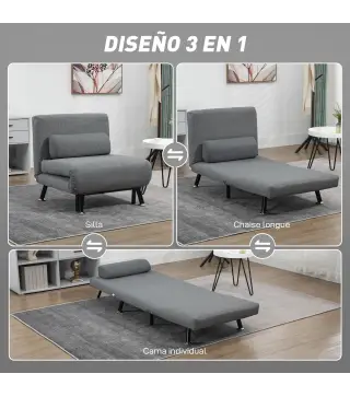 Sofá Cama Individual Plegable con Respaldo Ajustable de 5 Niveles Cojín y Tapizado de Lino Sintético 75x70x75 cm Gris