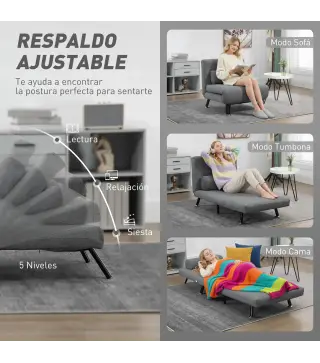 Sofá Cama Individual Plegable con Respaldo Ajustable de 5 Niveles Cojín y Tapizado de Lino Sintético 75x70x75 cm Gris