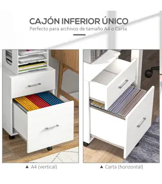 Cajonera de Escritorio con 2 Cajones Ruedas Archivador Móvil para Archivos A4 o Cartas 39,5x39x58,5 cm Blanco