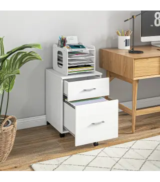 Cajonera de Escritorio con 2 Cajones Ruedas Archivador Móvil para Archivos A4 o Cartas 39,5x39x58,5 cm Blanco