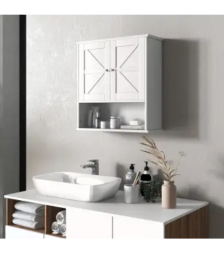 Armario de Baño de Pared Mueble de Baño Colgar Rústico con Compartimento Estante Ajustable 2 Puertas Blanco