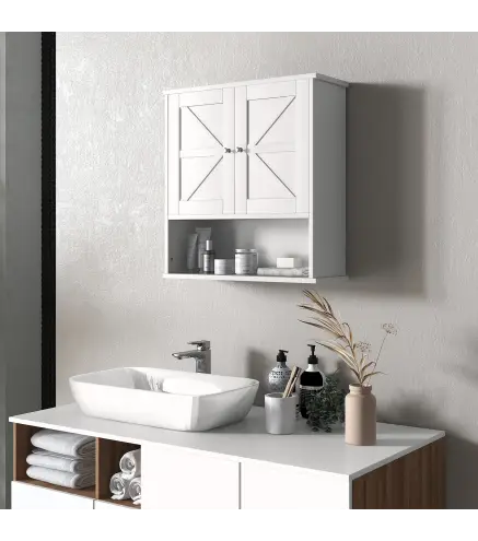 Armario de Baño de Pared Mueble de Baño Colgar Rústico con Compartimento Estante Ajustable 2 Puertas Blanco