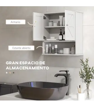 Armario de Baño de Pared Mueble de Baño Colgar Rústico con Compartimento Estante Ajustable 2 Puertas Blanco