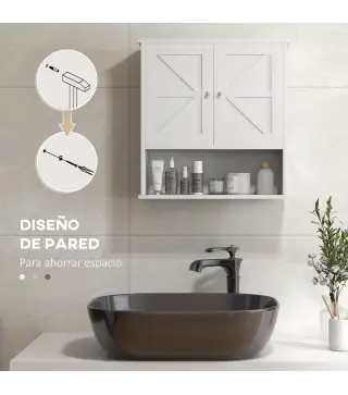 Armario de Baño de Pared Mueble de Baño Colgar Rústico con Compartimento Estante Ajustable 2 Puertas Blanco