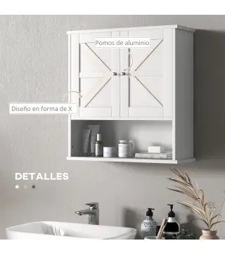 Armario de Baño de Pared Mueble de Baño Colgar Rústico con Compartimento Estante Ajustable 2 Puertas Blanco