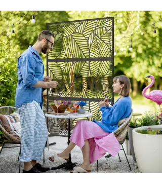 Biombo de 3 Paneles 122x198 cm Biombo Separador de Ambientes con Soporte Diseño de Hojas Grandes Negro