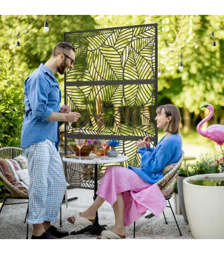 Biombo de 3 Paneles 122x198 cm Biombo Separador de Ambientes con Soporte Diseño de Hojas Grandes Negro