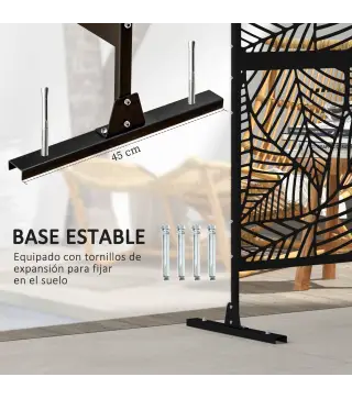 Biombo de 3 Paneles 122x198 cm Biombo Separador de Ambientes con Soporte Diseño de Hojas Grandes Negro